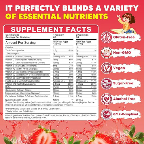 (2 Pack) Sugar Free Calcium Multivitamin Gummies for Kids with Methyl B12 & Methylfolate, Calcium, Vitamins C, D, A, B1, B2, B6, Biotin, Magnesium - Nutritional, Immune, Bone Support, 120 Ct
