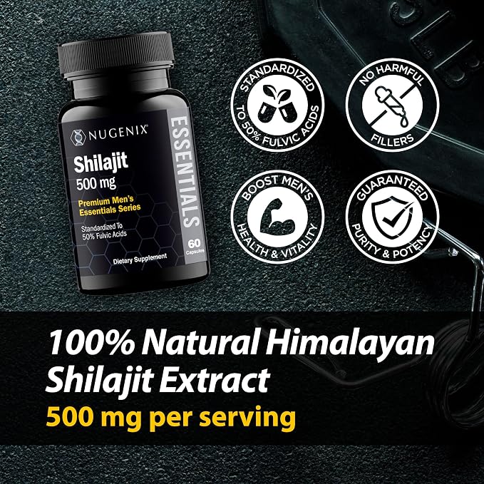 Nugenix Essentials Shilajit Capsules Supplement for Men and Women - 500mg, Standardized to 50% Fulvic Acids, Himalayan, 60 Capsules