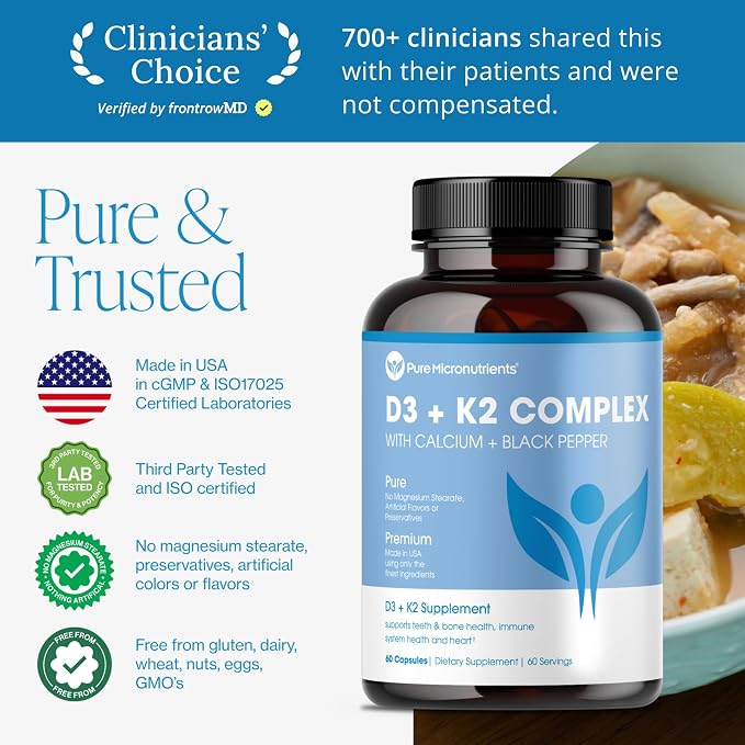 Pure Micronutrients Vitamin D3 K2 Supplement | MK7 100mcg, D3 5000 iu, Calcium + BioPerine | Muscle & Bone Health, Heart, Immunity & Energy Support | Vegan | 60 Capsules
