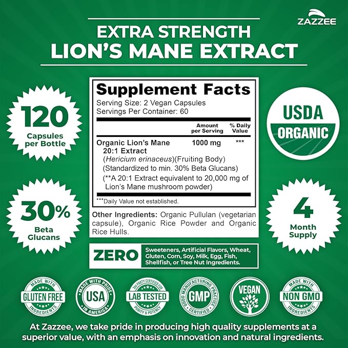 Zazzee USDA Organic Lion's Mane 20:1 Extract, 1000 mg Per Serving, 30% Beta Glucans, 120 Vegan Capsules, Nootropic for Brain Health, Focus, Memory & Immune Support, All-Natural, Non-GMO, Made in USA