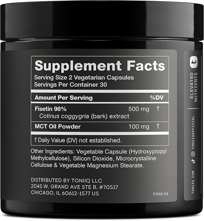 Toniiq Ultra High Purity Fisetin 500mg - 98%+ Higly Purified & Bioavailable Fisetin Supplement with MCT Oil for Absorption - Third-Party Tested Senolytic Supplements for Aging Support - 60 Capsules