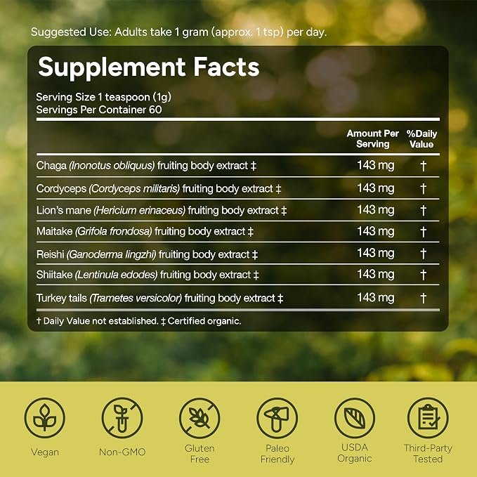 Sacred 7 Mushroom Powder Supplement, 7-in-1 Blend (60 Day Supply) | Immune Defense, Focus & Energy Support | Coffee Enhancer | Lion’s Mane, Reishi, Chaga | Organic 100% Fruiting Body Extract