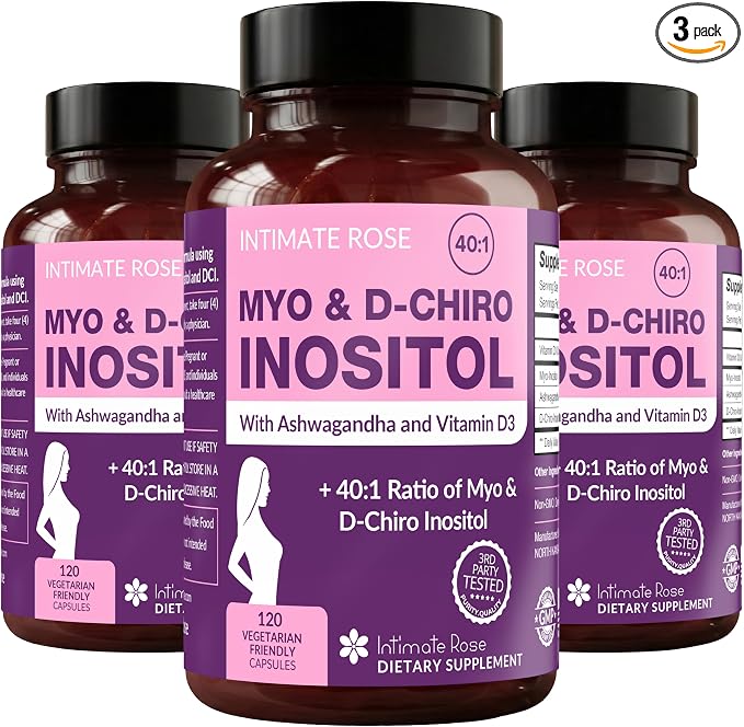 Intimate Rose Myo-Inositol & D-Chiro Inositol Blend - 40:1 Blend Ratio - Women's Daily Wellness Support - Vitamin D & Ashwagandha, 3 Bottles