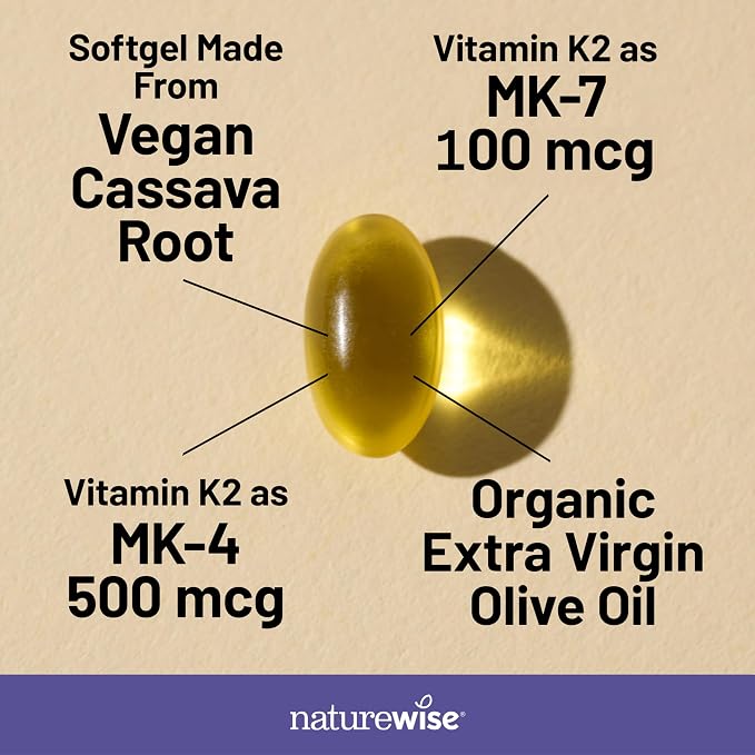 NatureWise Vitamin K2 600mcg Supplement with MK-7 100mcg & MK-4 500mcg - Enhanced Bioavailable Formula - K Complex for Bone and Heart Health - Vegan, Gluten Free, Non-GMO -90 Softgels[3-Month Supply]