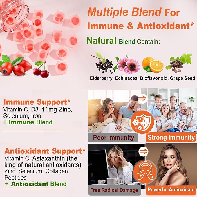 Natural Liposomal Vitamin C Gummies for Adults Kids 9+, Chewable Vitamin C w/ 11mg Zinc, D3, Elderberry, Echinacea, Bioflavonoid,Immune Support, Whole Food VIT C from Fruits, Sugar Free, 2Pack