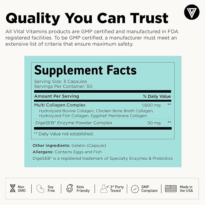 Vital Vitamins Multi Collagen Pills for Women & Men (2-Pack) - Hydrolyzed Collagen Peptides - Type I, II, III, V, X - Grass Fed, Non-GMO