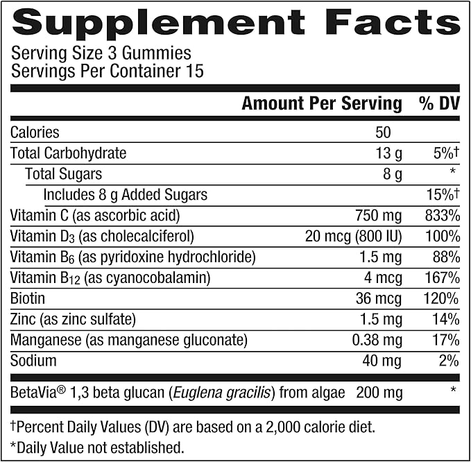 Emergen-C Immune+ Triple Action Immune Support Gummies, BetaVia (R), 1000mg Vitamin C, B Vitamins, Vitamin D and Antioxidants, Raspberry – 45 Count