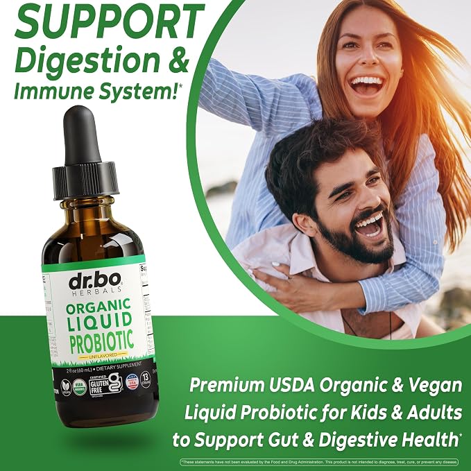 Organic Liquid Probiotic Drops Supplement - Organic Probiotics for Kids, Women & Men, Digestive Gut Health - Vegan Acidophilus Probiotics, Kid Flora Toddler Liquid Probiotic for Kids, Womens, Men 2 Oz