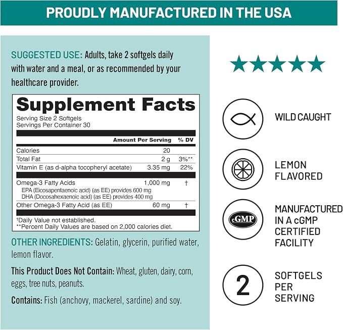 NatureWise Extra-Strength Omega 3 Fish Oil Supplement - 1000mg per Serving - 600 EPA & 400 DHA and Vitamin E - Support for Heart & Brain Health - Lemon Flavor, GMO-Free - 60 Softgels[1-Month Supply]