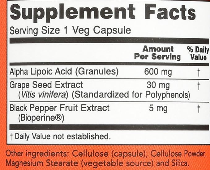 Now Foods Alpha Lipoic Acid 600mg 60 Vegi Capsules