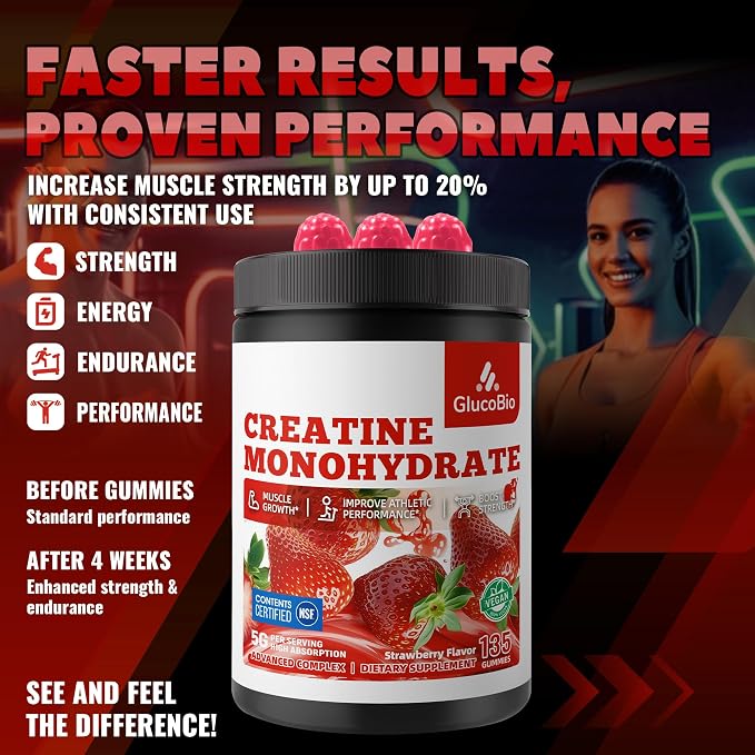 Creatine Monohydrate Gummies (5g) – Pre-Workout Energy & Muscle Growth Support for Men & Women | Strawberry Electrolyte Gummies (135 Count)