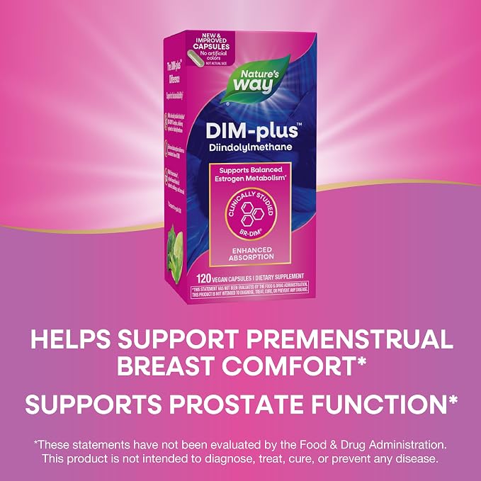 Nature's Way DIM-Plus DIM Supplement, BR-Diindolylmethane 100 mg per 2- Capsules, Supports Balanced Estrogen Metabolism, Prostate Function, and Premenstrual Breast Comfort*, 120 Vegan Capsules