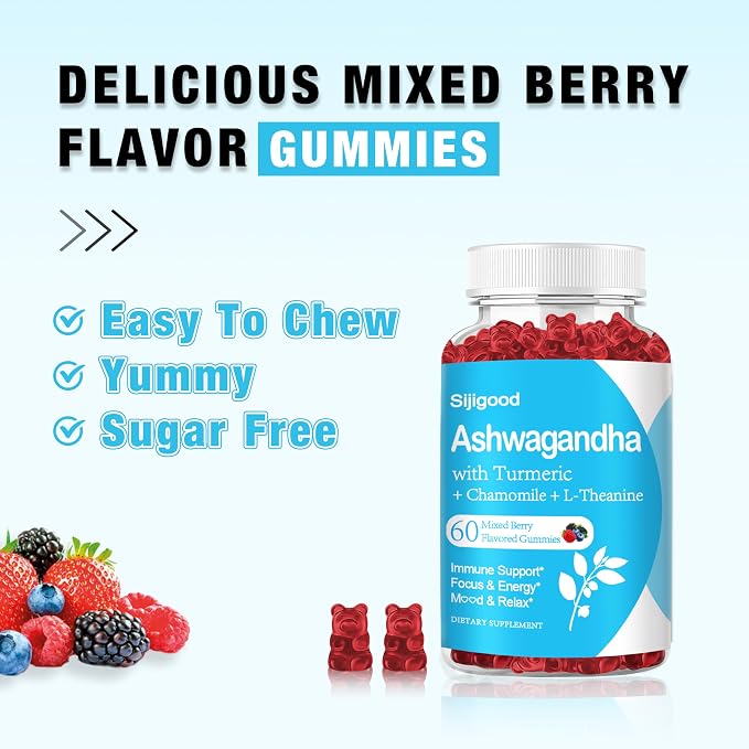 Ashwagandha Gummies with L-theanine, Ashwa Root Supplement Gummy for Women Men, 60 Mixed Berry Flavored Gummies