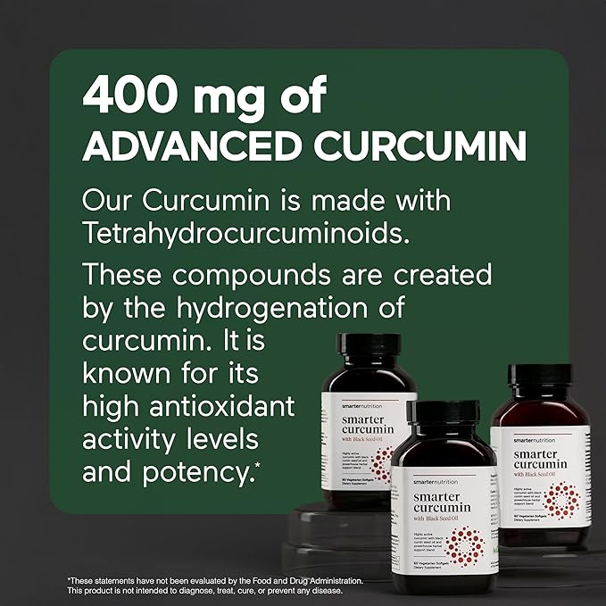 SMARTERNUTRITION Curcumin Softgels - Vegan High Absorption 400 mg Curcumin Supplement Standardized to 95% Tetrahydrocurcuminoids + Black Seed Oil & Ginger for Joint & Immune Health - 180 Ct