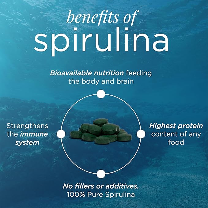 ENERGYBITS - Organic Spirulina Tablets - Plant-Based Algae Superfood - for Focus, Fitness, Energy - Plant Protein - Gluten Free - Collagen, Vitamin B12, Omega 3 - Keto & Vegan - 1000 Algae Tablets
