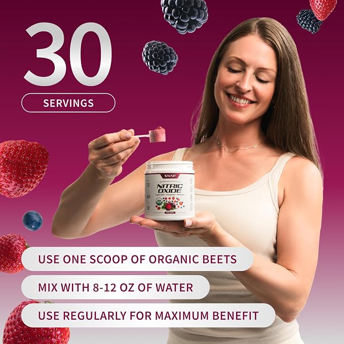 Snap Supplements Organic Beet Root Powder Nitric Oxide Supplement for Men & Women, Red Spinach & Pomegranate, Supports Healthy Energy & Blood Pressure Already in Normal Range, 30 Servings, Mixed Berry