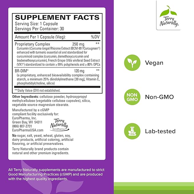 Terry Naturally DIM Complex - Dietary Supplement with BCM-95 Curcumin - Supplement to Support Healthy Hormone Balance, Liver Health & Menopause Symptom Relief - 30 Capsules