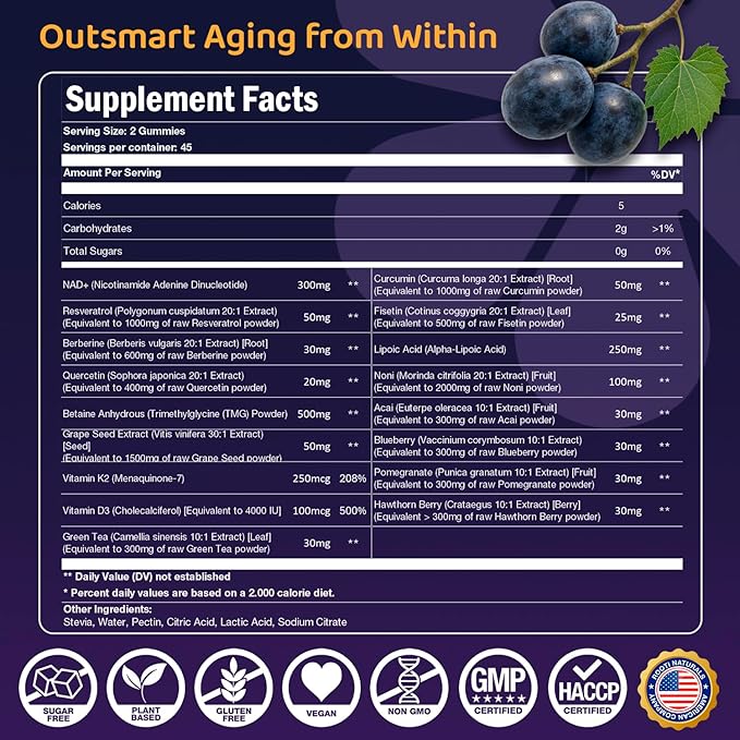 NAD+ Complex Gummies (90 Ct, 45 Servings), Resveratrol, 500mg of TMG, Quercetin, Curcumin, Berberine & Antioxidants | Advanced Plant-Based Formula for Daily Cellular Balance & Longevity Nutrition