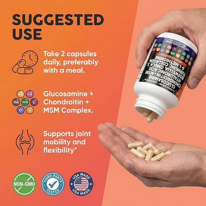 Clean Nutraceuticals Glucosamine 1500mg Chondroitin 1200mg MSM with Turmeric Curcumin, Collagen, Hyaluronic Acid, Omega 3 – Joint Health Supplement for Men & Women – Joint Complex – 120 Count