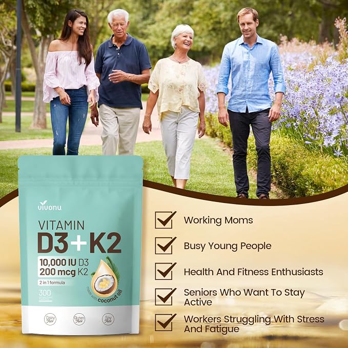 VivoNu Vitamin D3 K2 10000 IU with MK7-300 Virgin Coconut Oil Softgels, 2 in 1 Vitamins D & K Complex | Vitamina D3 con K2 (600 Softgels /2 Bag)