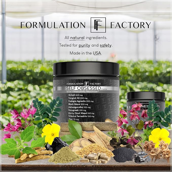 Formulation Factory Self Obsessed Masculine Vitality & Testosterone Support - 10-in-1 Complex with Shilajit, Tongkat Ali, & Fadogia Agrestis - 60 Capsules, 1 Month Supply