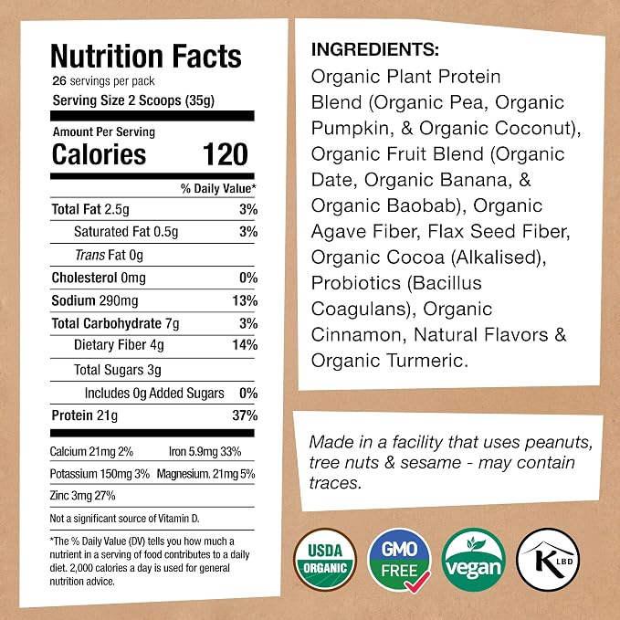 EarthChimp Organic Vegan Protein Powder - with Probiotics - Non GMO, Dairy Free, Non Whey, Plant Based Protein Powder for Women and Men, Gluten Free - 26 Servings 32 Oz (Plain & Unsweetened)