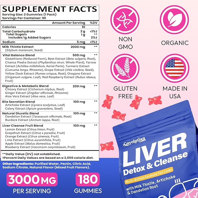 Liver Detox Cleanse & Repair, 2000mg Milk Thistle Liver Detox , Herbal Liver Support Supplement with Beetroot, Dandelion Root, Turmeric, Glutathione for Gut Health, Metabolism, Energy, 180 Gummies