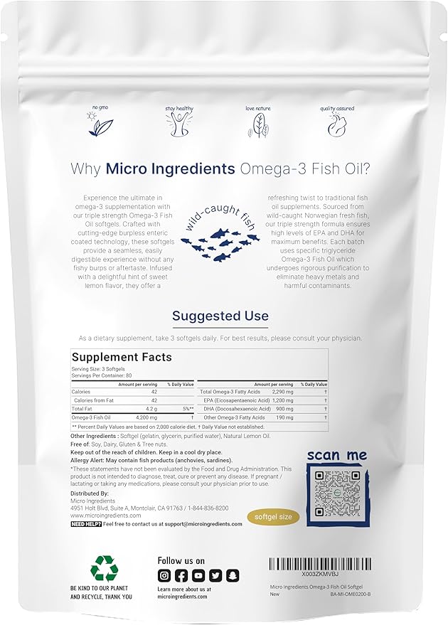 Micro Ingredients Triple Strength Omega 3 Fish Oil Supplements 4200mg Per Serving, 240 Softgels – Lemon Flavored – Burpless | EPA 1200mg + DHA 900mg | Deep Sea Fish