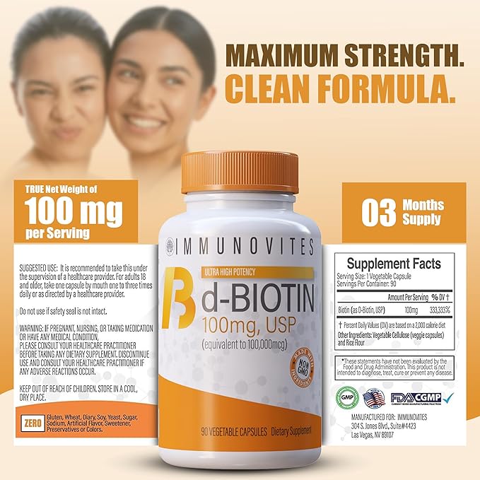 IMMUNOVITES High Dose Biotin (as d-Biotin, USP) 100mg (Equivalent to 100,000mcg) 90 Capsules, High Potency