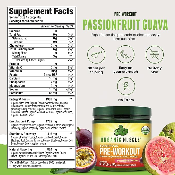Organic Muscle Organic Pre Workout Powder, Passionfruit Guava — USDA Organic Superfood Blend | Maca, Beet Root, Cordyceps, Rhodiola | 150mg Natural Caffeine, Vegan, No Jitters, 20 Servings