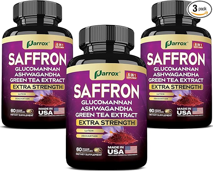 Saffron Supplement with Glucomannan, Ashwagandha, Green Tea Extract, Zeaxanthin & Lutein, Vision Support & Daily Wellness Formula, Extra Strength Plant-Based Capsules, 6 Month Supply (3 Pack)