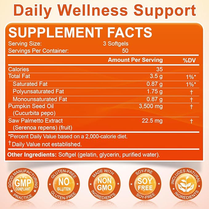 Pumpkin Seed Oil with Saw Palmetto, 3500mg Max Strength per Serving, 150 Softgels, Cold-Pressed with Essential Fatty Acids & Phytosterols, Supports Immune, Hair, Bladder & Prostate Health