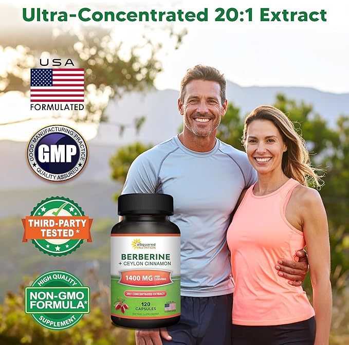aSquared Nutrition Berberine with Ceylon Cinnamon Supplement - Max Strength Complex - 120 Capsules - Berberine HCl 1200mg Per Serving - Premium Extract Plus Pills Alternative to Gummies & Drops