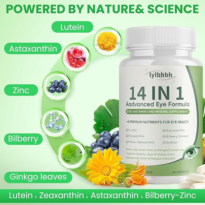 14 in 1 Advanced Eye Formula, Eye Supplement with Lutein, Zeaxanthin, Vision & Focus, Suitable for Adults and Seniors, 60 Capsules