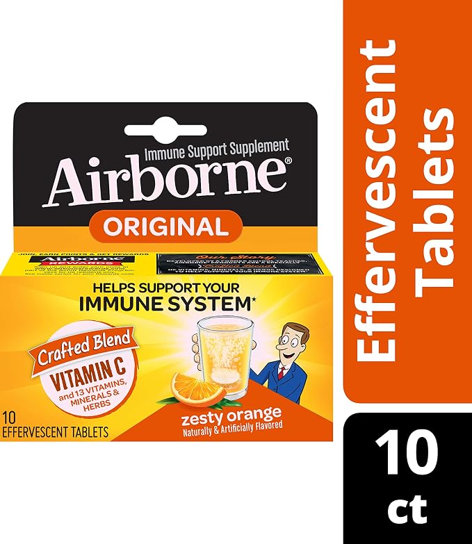 Airborne Zesty Orange Effervescent Tablets, 10 count - 1000mg of Vitamin C - Immune Support Supplement (Pack of 6)
