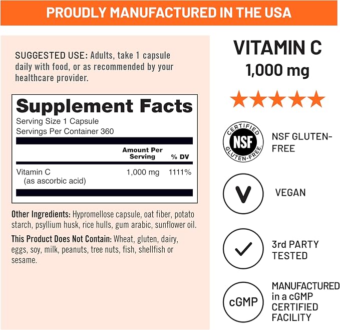 NatureWise Vitamin C 1000mg Capsules - Extra Strength Vegan Vitamin C for Daily Antioxidant & Immune Support - Non-GMO, USA Manufactured - 360 Capsules[360-Day Supply]