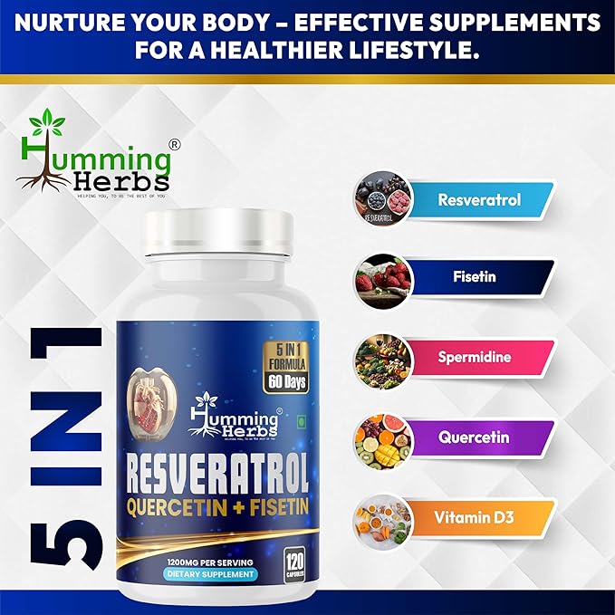 Humming Herbs Resveratrol Supplement— with Quercetin, Fisetin, Spermidine & Vitamin D3 — Antioxidant Support for Healthy Cellular Function - 1200 mg, 120 Vegan Capsules Non-GMO, Gluten-Free