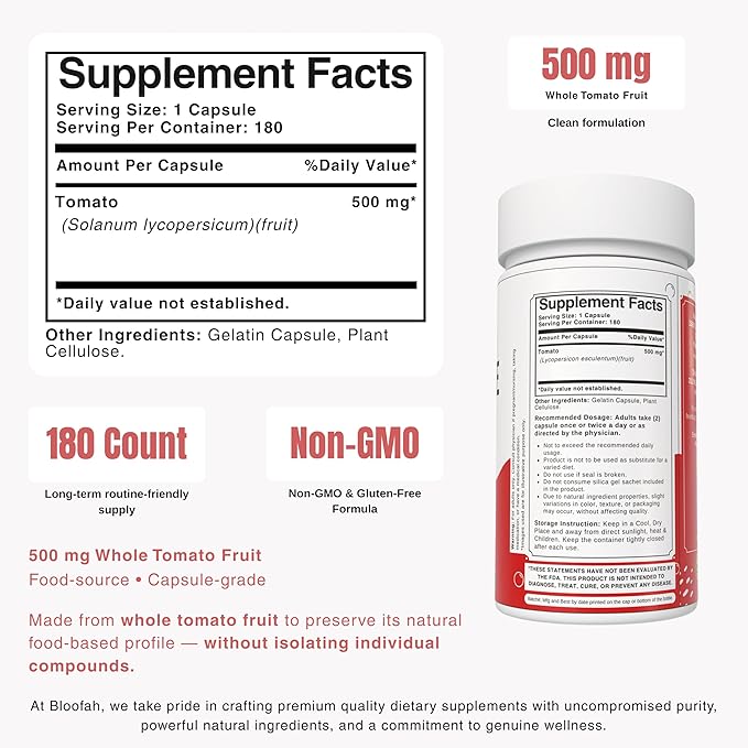 Lycopene Supplement Capsules 500mg – Tomato Fruit Powder with Natural Lycopene for Antioxidant & Daily Wellness Support | Gluten Free, Non-GMO Lycopene Supplements for Men