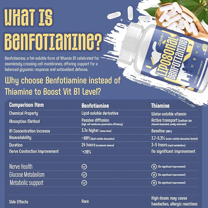 Zaigon Benfotiamine Thiamine Vitamin B1 Supplement, 600mg Liposomal Fat Soluble VIT B1 with Alpha-Lipoic Acid for Men & Women, Energy Boost, Glucose Metabolism & Nerve Support (360 Vegan Capsules)