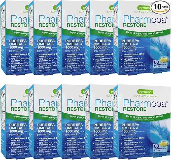 Igennus Pharmepa Restore, Pure EPA 1000mg, Omega 3 rTG Fish Oil, IFOS Certified, High Absorption, 90% Concentration Triple Strength, Wild & Sustainable, Lemon Flavor, 10-Month Supply, Pack of 10