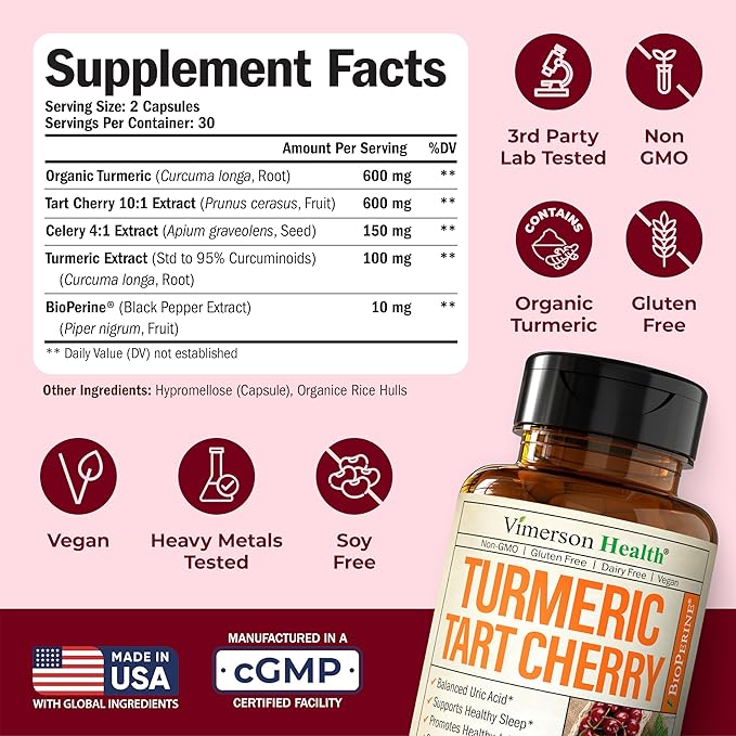 Tart Cherry Capsules – Turmeric Curcumin Supplement with Tart Cherry Extract & Celery Seed Extract – Turmeric Curcumin with Black Pepper for Uric Acid Balance, Joint Health & Sleep Aid - 60 Count