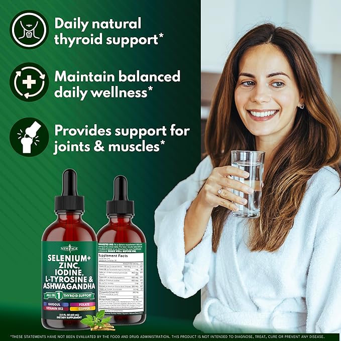Thyroid Support Drops - Selenium, Zinc, Iodine, L Tyrosine, Ashwagandha, Turmeric, Schisandra Guggu, Cayenne, Basil - Liquid Supplement Folate Copper Alcohol -Free, Vegan, Non-GMO – 2 oz