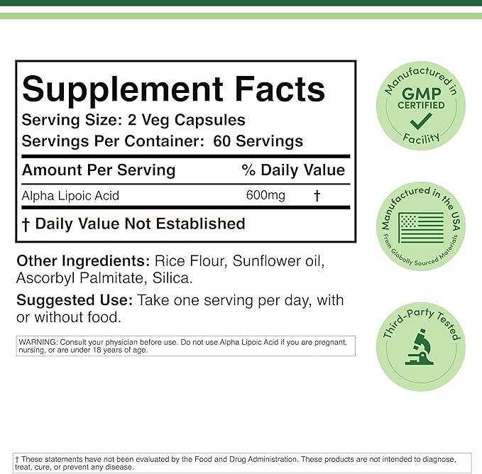 Alpha Lipoic Acid 600mg per Serving, 120 Capsules (Third Party Tested, Non-GMO, Gluten Free, Vegan Safe), Cellular Energy Support (ALA Supplement) by Double Wood