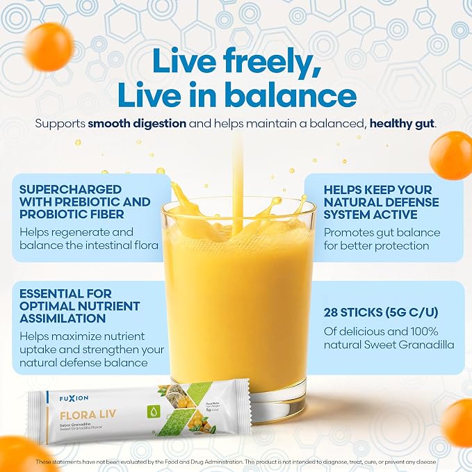 FuXion Flora Liv | Probiotic Drink | Probiotics for Women and for Men | Gut Health | Helps Mantain Balance of the Instestinal Flora | Lactobacillus and Bifidobacterium | Sweet Granadilla Flavor | 28u