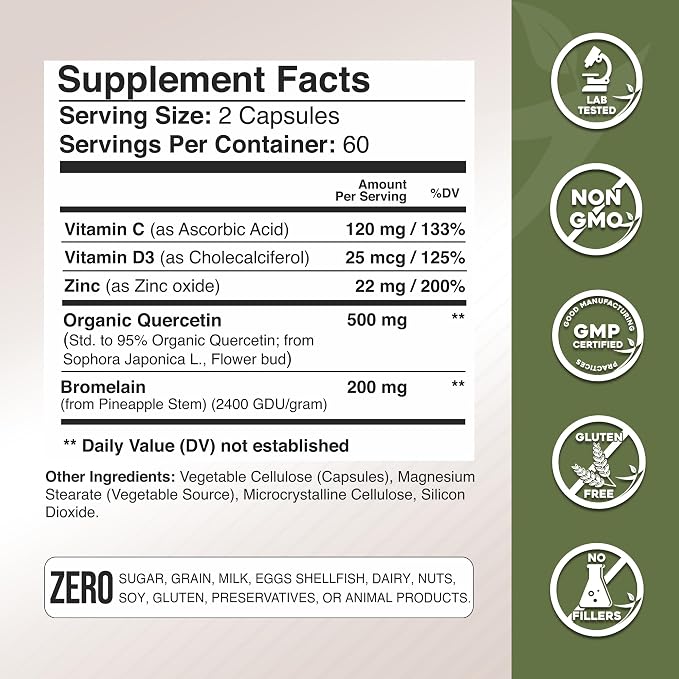 Gade Nutrition Organic Quercetin with Bromelain Vitamin C and Zinc | Immune Support Supplement Quercetin 500mg Capsules | Bioflavonoids Made in USA Third Party Tested
