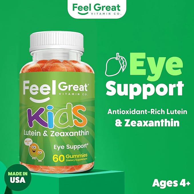 Feel Great Kids Gummy Vitamins for Eyes | Essential Eye Vitamins Lutein and Zeaxanthin | Mango Flavored Vegan Eye Vitamins for Kids | Gluten Free | 60 Day Supply
