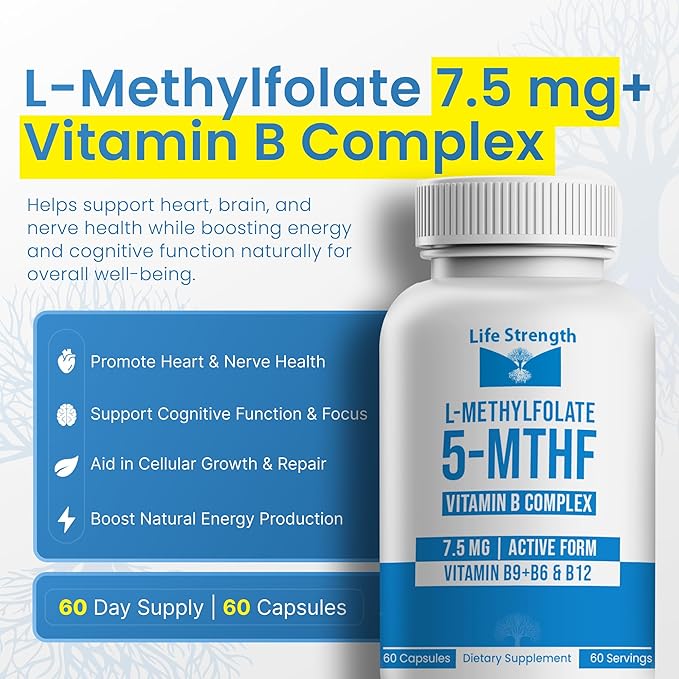 L-Methylfolate 7.5mg + Vitamin B Complex - 5-MTHF, B6 & B12 Methylcobalamin - 60 Capsules - Professional Strength Active Methyl Folate - Non GMO, Gluten Free, No Fillers (2-Month Supply)