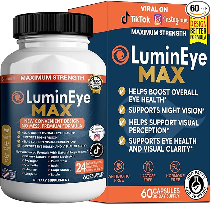 LuminEye MAX Eye Health Supplement, 60 Veggie Capsules, with Lutein, Bilberry Extract, 24 Premium Ingredients, Maximum Strength Vision Support (1)
