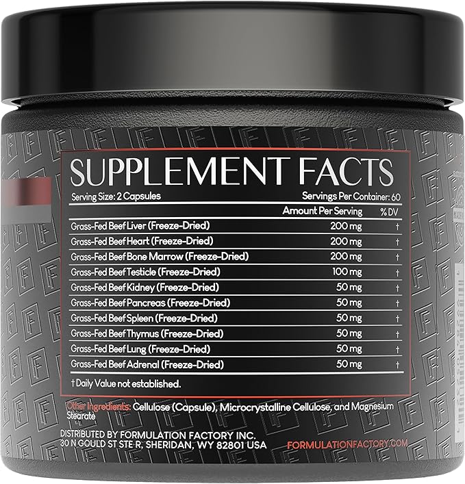 Formulation Factory Primal Power 10-in-1 Beef Organ Supplement - Grass Fed Beef Liver Capsules with Heart, Bone Marrow, Kidney, Testicle - Freeze Dried Organ - 120 Capsules, 2 Month Supply