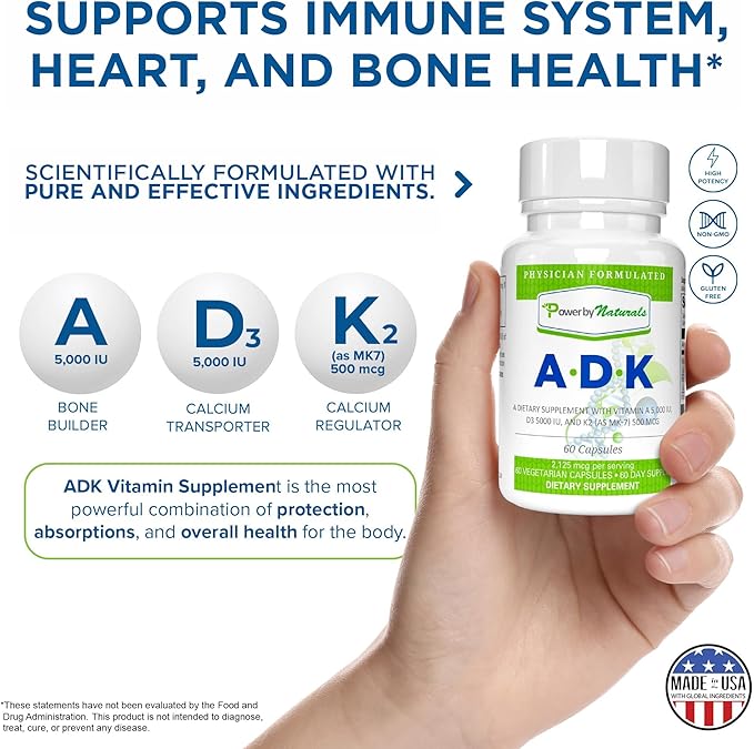 Power By Naturals ADK Vitamin Supplement – Vitamins A, D3 & K2 MK-7 for Bone Health & Calcium Absorption – Gluten-Free, Soy-Free – 60 Capsules (2-Month Supply)